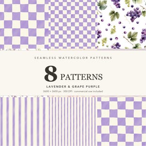 Könnte beinhalten: Eine digitale Sammlung von 8 nahtlosen Aquarellmustern in Lavendel- und Traubenlila-Farbtönen. Die Designs umfassen karierte Quadrate, vertikale Streifen sowie Traubenbündel in Violett und Grün mit Blättern auf weißem Hintergrund.