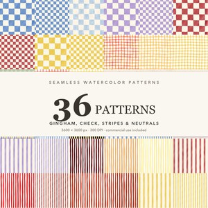 Könnte beinhalten: Eine digitale Sammlung von 36 nahtlosen Aquarellmustern mit verschiedenen Vichy-, Karomustern und Streifendesigns in mehreren Farben wie Blau, Lila, Rot und Gelb. Der Text lautet: SEAMLESS WATERCOLOR PATTERNS 36 PATTERNS GINGHAM, CHECK, STRIPES & NEUTRALS 3600 x 3600 px 300 DPI commercial use included.
