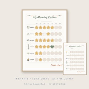 Könnte beinhalten: Zwei druckbare Routine-Diagramme mit My Morning Routine und My Bedtime Routine, Icons für tägliche Aufgaben, Sternaufklebern und dem Text Great start! sowie Sweet dreams!. Die Diagramme dienen der Verfolgung von Gewohnheiten über die Woche.
