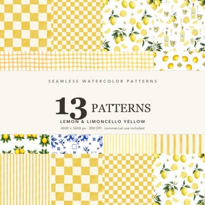 Könnte beinhalten: Eine Sammlung von 13 nahtlosen Aquarellmustern mit Zitronen- und Limoncello-Gelb-Themen. Die Designs umfassen gelb-weiße Karomuster, Vichy-Karo, vertikale Streifen sowie Illustrationen von Zitronen, Blättern und Flaschen.