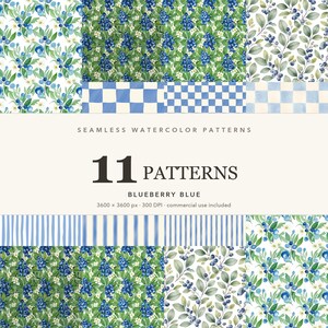 Könnte beinhalten: Eine Sammlung von 11 nahtlosen Aquarellmustern mit dem Titel BLUEBERRY BLUE. Die Designs zeigen verschiedene Illustrationen von Blaubeeren und Blättern, blau-weiße Karomuster sowie blaue Streifendesigns auf weißem Grund.