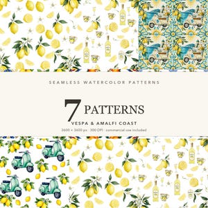 Könnte beinhalten: Eine Sammlung von sieben nahtlosen Aquarellmustern mit gelben Zitronen, grünen Blättern, weißen Blüten, Limoncello-Flaschen und türkisfarbenen Rollern vor dem Hintergrund italienischer Küstenarchitektur und blauer Fliesenmotive.