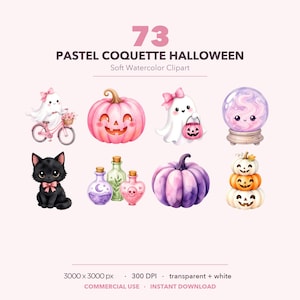 Könnte beinhalten: Eine Sammlung von 73 pastellfarbenen Coquette Halloween Aquarell-Cliparts mit Geistern mit rosa Schleifen, einem rosa Kürbis, einer Kristallkugel, einer schwarzen Katze mit rosa Schleife, Zaubertrankflaschen, einem lila Kürbis und drei gestapelten Kürbissen.