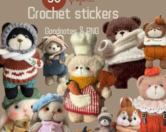 May include: A collection of 50 digital crochet stickers featuring various animal characters, including bears, a raccoon, and a bunny. The stickers are dressed in knitted outfits and accessories, with the text "50 Digital Crochet Stickers" and "Goodnotes & PNG" displayed.