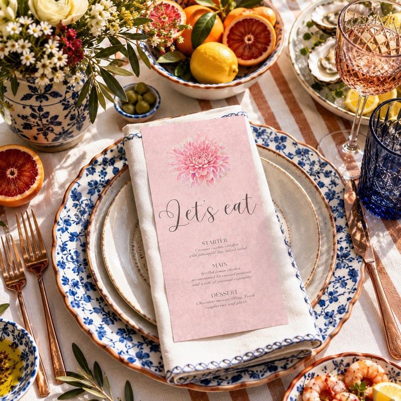Blush Pink Floral Wedding Menu Template | Elegant Dahlia Reception ...