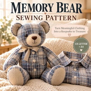 Peut inclure: Un patron de couture pour ours souvenir représentant un ours en peluche à carreaux bleus et blancs avec un museau et un nœud papillon beige. L'image contient le texte "MEMORY BEAR SEWING PATTERN", "Turn Meaningful Clothing Into a Keepsake to Treasure" et "US LETTER + A4".