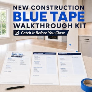 May include: A new construction blue tape walkthrough kit featuring three printed checklists titled New Construction Blue Tape Walkthrough Kit, Exterior Walkthrough, and Garage Walkthrough, accompanied by a black pen and a roll of blue tape.