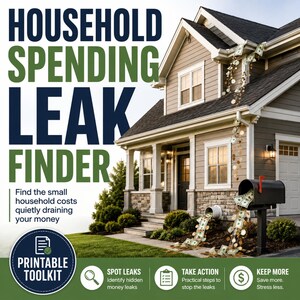 May include: A digital graphic featuring a house with currency notes and coins spilling from the roof and mailbox. Text reads: HOUSEHOLD SPENDING LEAK FINDER, Find the small household costs quietly draining your money, PRINTABLE TOOLKIT, SPOT LEAKS, TAKE ACTION, KEEP MORE.