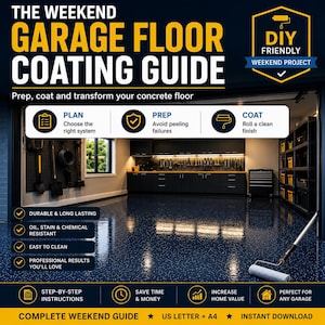 Peut inclure: Un guide intitulé The Weekend Garage Floor Coating Guide avec du texte détaillant les étapes pour préparer, revêtir et transformer les sols en béton. Il présente des icônes pour planifier, préparer et appliquer, ainsi que des avantages comme une finition durable.