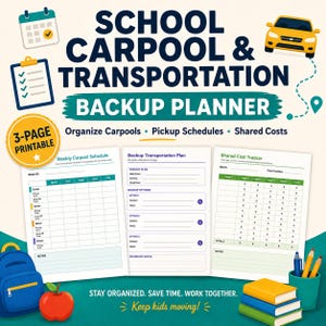 Puede incluir: Un planificador imprimible de tres páginas para transporte y viajes compartidos escolares que incluye un horario semanal, un formulario de plan de respaldo y un rastreador de costos compartidos con iconos de calendario, coche y libros.