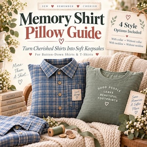 Puede incluir: Una guía de cojines hechos de camisas con texto y dos cojines: uno de camisa de cuadros azules con bolsillo y otro de camiseta verde oliva con el texto Good People Leave Beautiful Footprints y un símbolo de corazón.