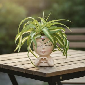 May include: A cream-coloured ceramic planter shaped like a human head with closed eyes, long eyelashes, and hands forming a heart shape at the chest. A silver headband with a small pink flower adorns the forehead, holding a green and white spider plant.