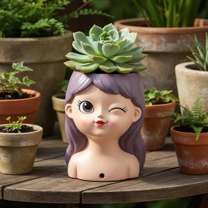 Può includere: Un vaso in ceramica a forma di testa umana con capelli viola, caratterizzato da un'espressione ammiccante con un occhio grande e labbra rosse. Una pianta succulenta verde è posizionata nell'apertura superiore della testa con un foro.