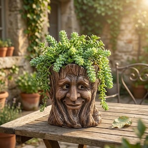 Maceta con forma de cara de gnomo del bosque, maceta rústica de resina con textura de corteza de árbol, escultura de jardín original.