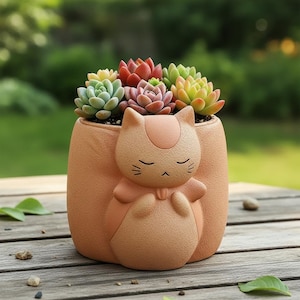May include: A peach-colored ceramic planter shaped like a cat with closed eyes and folded paws. The planter is filled with a variety of small, multi-colored succulent plants in shades of green, red, and pink, arranged in a dense, rounded cluster.