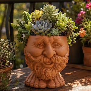 May include: A terracotta-colored planter shaped like a human face with a detailed beard and mustache. The top of the planter is filled with a variety of green and light-colored succulent plants, including rosette-shaped and spiky varieties.