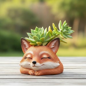 May include: A fox-shaped planter featuring a sleeping fox with orange and white fur, closed eyes, and a small black nose. A green succulent plant with thick, pointed leaves grows out of the top of the fox's head, extending to the right side.