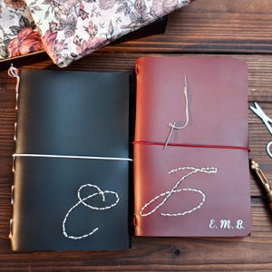 Personalised Leather Journal with Embroidered Initial, Hand-Stitched Monogram Notebook A5 A6, Refillable Birthday Gift for Her