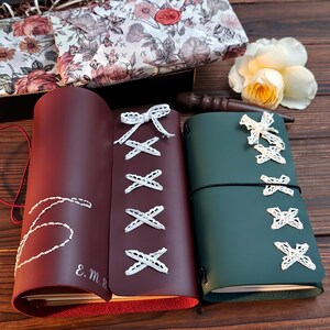 Personalised Leather Journal with Lace Bow, Embroidered Initial Trifold Notebook A5 A6, Vintage Refillable Christmas Gift for Her