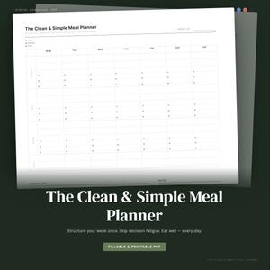 May include: A digital download PDF meal planner template with a white background and black text. The layout features a weekly grid for breakfast, lunch, dinner, and snacks, with sections for a grocery list and notes. The title reads The Clean & Simple Meal Planner.