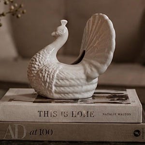 May include: A white ceramic peacock-shaped planter with a textured body and a fanned tail. The piece is positioned on top of two stacked books, one titled "THIS IS HOME" by Natalie Walton and the other titled "AD at 100," featuring a neutral colour palette.