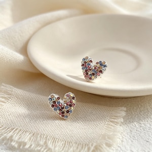 Minimalist Heart Stud Earrings, Colorful Rhinestone Inlay, Cold Style Jewelry