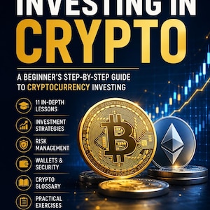 May include: A digital guide titled How to Start Investing in Crypto featuring a gold Bitcoin coin and a silver Ethereum coin. The text includes 11 in-depth lessons, investment strategies, risk management, wallets, security, a glossary, and exercises.