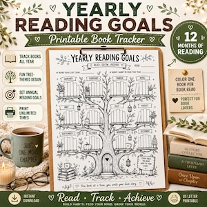 May include: A printable yearly reading goal book tracker on a clipboard featuring a tree illustration with shelves for books labelled by month. The design includes text such as Yearly Reading Goals, Read, Grow, Inspire, and One book at a time, you write your best story.