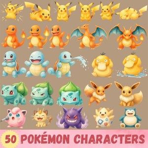May include: A collection of 50 Pokémon characters including Pikachu, Charmander, Charizard, Squirtle, Psyduck, Bulbasaur, Eevee, Jigglypuff, Meowth, Gengar, Togepi, and Snorlax in various poses, with the text 50 POKÉMON CHARACTERS at the bottom.
