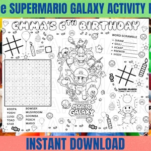 Può includere: Un foglio di attività stampabile in bianco e nero intitolato EMMA'S 6TH BIRTHDAY con personaggi di Super Mario Galaxy, un cruciverba, un gioco di parole, tris, una sezione I Spy e un puzzle unisci i puntini con Mario, Bowser e Peach.