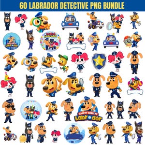 May include: A digital collection of 60 Labrador detective PNG graphics featuring cartoon dogs in police uniforms, some holding magnifying glasses, driving blue cars, or standing with other characters, all under the title 60 LABRADOR DETECTIVE PNG BUNDLE.