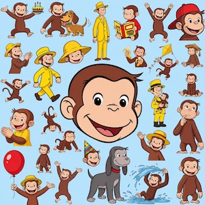 Curious Monkey PNG Bundle, 30 Cartoon Adventure Character Designs, Transparent PNG Clipart Collection for Crafts & Downloads