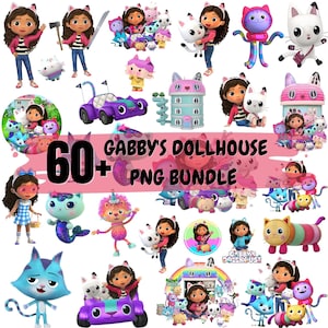 Puede incluir: Una colección digital de más de 60 imágenes PNG de Gabby's Dollhouse que muestra a una niña con cabello castaño rizado y orejas de gato, varios personajes de gatos coloridos, un coche de juguete morado, una casa de muñecas y el texto 60+ GABBY'S DOLLHOUSE PNG BUNDLE.