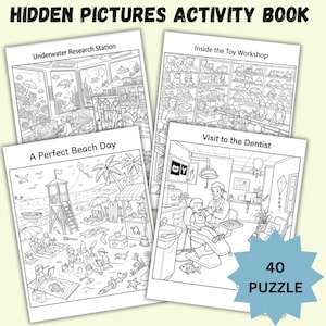 May include: A Hidden Pictures Activity Book featuring 40 puzzles. The cover displays four black and white line art scenes titled Underwater Research Station, Inside the Toy Workshop, A Perfect Beach Day, and Visit to the Dentist, with a blue starburst.