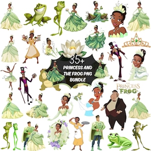 Op de afbeelding: Een digitale collectie van 35+ Princess and the Frog PNG-afbeeldingen met personages zoals Tiana in diverse groene jurken, Prins Naveen, Dr. Facilier, Louis de alligator en kikkers. De centrale tekst luidt 35+ PRINCESS AND THE FROG PNG BUNDLE.