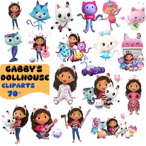 May include: A collection of digital illustrations featuring characters from Gabby's Dollhouse, including Gabby and various cat figures in different outfits and poses. The text Gabby's Dollhouse Cliparts 70+ is displayed in a yellow rounded rectangle.