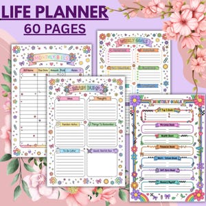 Peut inclure: Un planificateur de vie de 60 pages avec des bordures florales colorées et des en-têtes pastel. Les feuilles comprennent des sections pour les factures mensuelles, le brain dump, les objectifs hebdomadaires et mensuels avec des lignes.