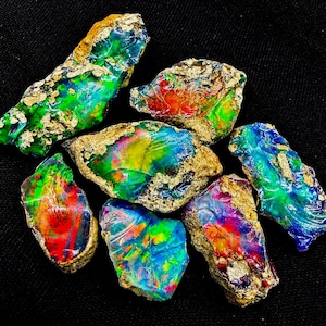 May include: A collection of seven raw, unpolished opal gemstones featuring vibrant flashes of green, blue, red, and yellow iridescence. Each stone displays a rough, natural texture with earthy, tan-colored matrix rock attached to the edges.