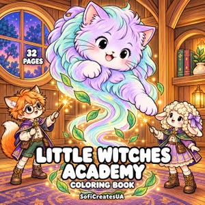 May include: A 32-page coloring book titled Little Witches Academy by SofiCreatesUA. The cover features a pastel-colored cat floating above a fox-like character and a sheep character, both holding wands in a wooden room with a window.