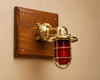 Außenwandleuchte aus Messing mit Schirm, Marine-Wandleuchte, Anschlussdose, rotes Glas
