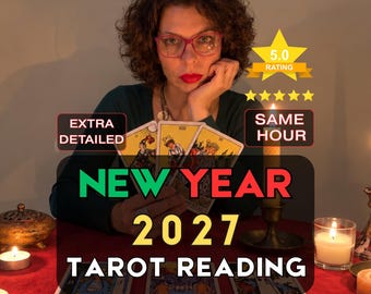 Op de afbeelding: Een tarot-leesservice met de tekst NEW YEAR 2027 TAROT READING, EXTRA DETAILED en SAME HOUR. De afbeelding toont drie tarotkaarten op een rode ondergrond, waaronder De Hogepriesteres, De Geliefden en De Toren.