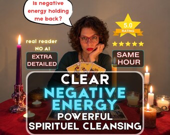Op de afbeelding: Een persoon houdt tarotkaarten vast aan een tafel met een rood kleed, omringd door brandende kaarsen. Tekstoverlays zijn: Is negative energy holding me back?, 5.0 RATING, real reader NO AI, EXTRA DETAILED, SAME HOUR, CLEAR NEGATIVE ENERGY, POWERFUL SPIRITUEL CLEANSING.
