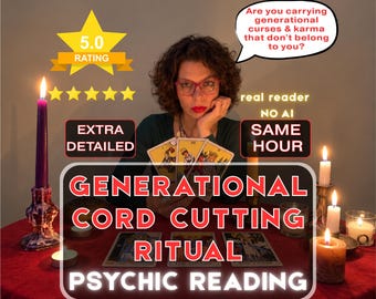 Op de afbeelding: Een persoon met krullend haar en een bril houdt drie tarotkaarten vast achter een rode tafel met brandende kaarsen. Tekstoverlays bevatten 5.0 RATING, EXTRA DETAILED, SAME HOUR en GENERATIONAL CORD CUTTING RITUAL PSYCHIC READING.