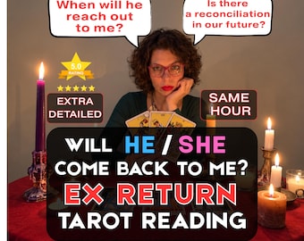Op de afbeelding: Een tarot-leesservice met een persoon met krullend haar en een bril die kaarten vasthoudt. Tekstoverlays: When will he reach out to me?, Is there a reconciliation in our future?, 5.0 RATING, EXTRA DETAILED, SAME HOUR, WILL HE / SHE COME BACK TO ME? EX RETURN TAROT READING.