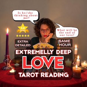 Puede incluir: Un anuncio de servicio de lectura de tarot con una persona sosteniendo tres cartas. El texto incluye: Is he/she thinking about me?, What will be the end of our love?, 5.0 RATING, EXTRA DETAILED, SAME HOUR, EXTREMELY DEEP LOVE TAROT READING.