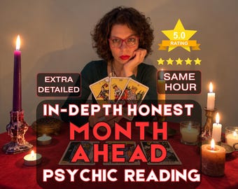 Op de afbeelding: Een advertentie voor een paranormale lezing met een persoon met krullend haar en een bril die tarotkaarten vasthoudt. De afbeelding bevat de tekst: EXTRA DETAILED, SAME HOUR, 5.0 RATING, IN-DEPTH HONEST MONTH AHEAD PSYCHIC READING.