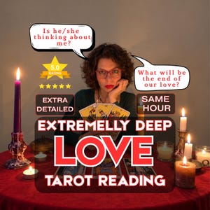 Puede incluir: Un anuncio de servicio de lectura de tarot con una persona sosteniendo tres cartas. El texto incluye: Is he/she thinking about me?, What will be the end of our love?, 5.0 RATING, EXTRA DETAILED, SAME HOUR, EXTREMELY DEEP LOVE TAROT READING.