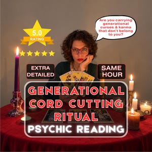 Puede incluir: Un servicio de lectura psíquica con una persona sosteniendo cartas de tarot tras una mesa roja con velas encendidas. El texto incluye 5.0 RATING, EXTRA DETAILED, SAME HOUR y GENERATIONAL CORD CUTTING RITUAL PSYCHIC READING, además de una burbuja sobre maldiciones generacionales.