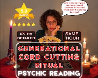May include: A psychic reading service featuring a person holding tarot cards behind a red table with lit candles. Text includes 5.0 RATING, EXTRA DETAILED, SAME HOUR, and GENERATIONAL CORD CUTTING RITUAL PSYCHIC READING, plus a speech bubble asking about generational curses.