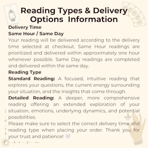 Puede incluir: Un gr&aacute;fico informativo con texto marr&oacute;n oscuro sobre un fondo crema titulado Reading Types & Delivery Options Information. Detalla los tiempos de entrega y los tipos de lectura, incluyendo opciones est&aacute;ndar y detalladas, con ilustraciones de tarot.